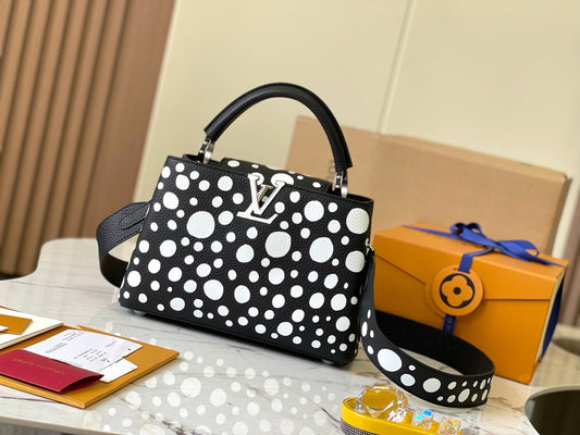 Louis Vuitton Capucines Small  Bag In Black With White Polka Dots