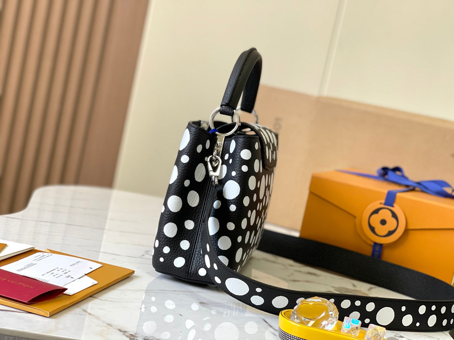 Louis Vuitton Capucines Small  Bag In Black With White Polka Dots