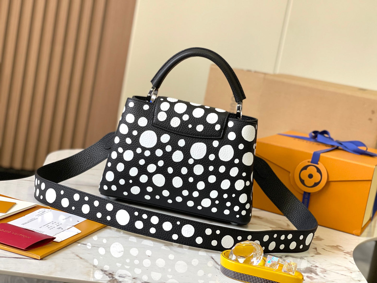 Louis Vuitton Capucines Small  Bag In Black With White Polka Dots