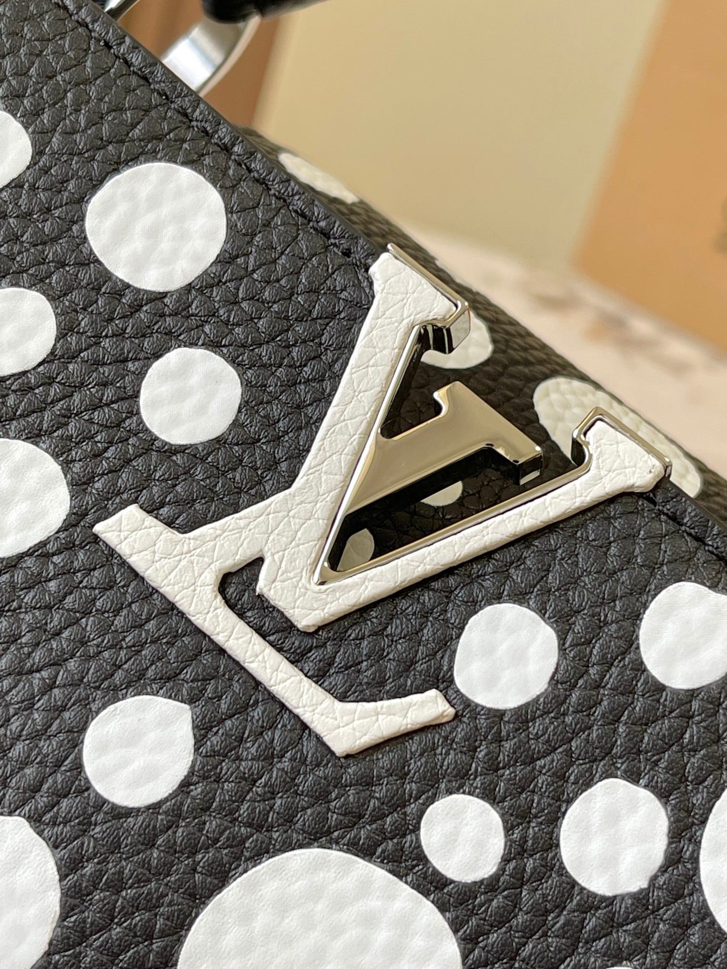 Louis Vuitton Capucines Small  Bag In Black With White Polka Dots