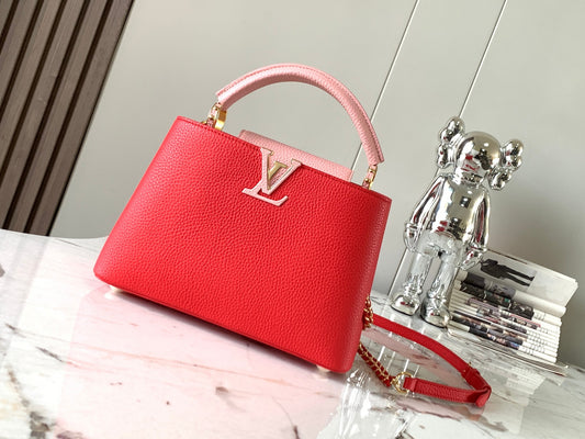 Louis Vuitton Capucines Small  Bag In Red With Pink Handle