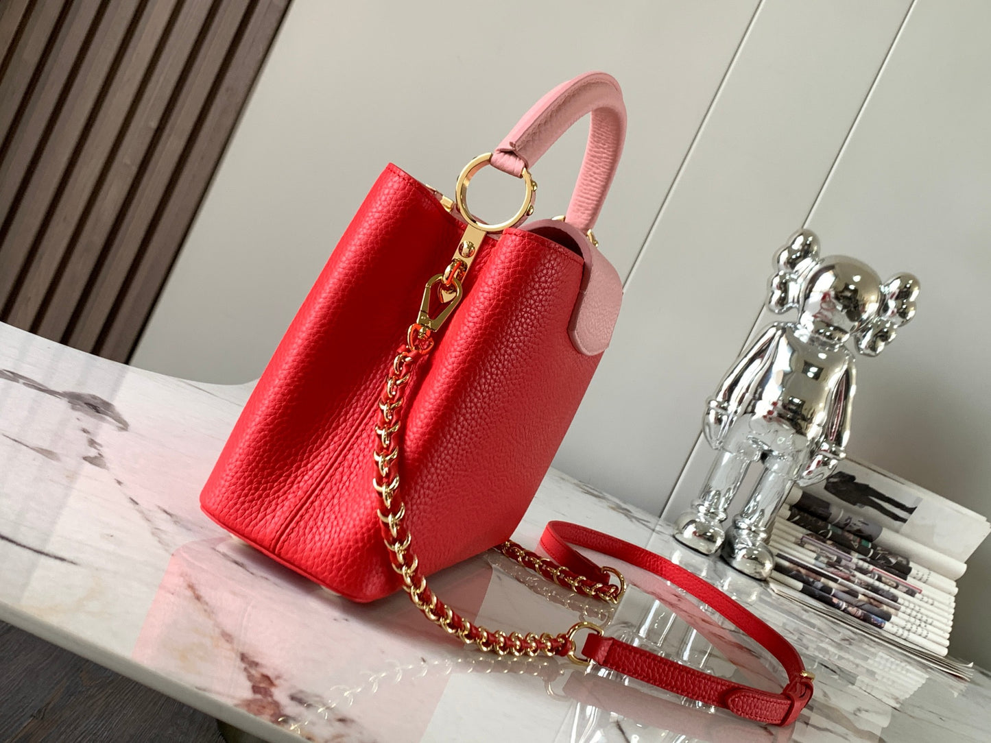 Louis Vuitton Capucines Small  Bag In Red With Pink Handle