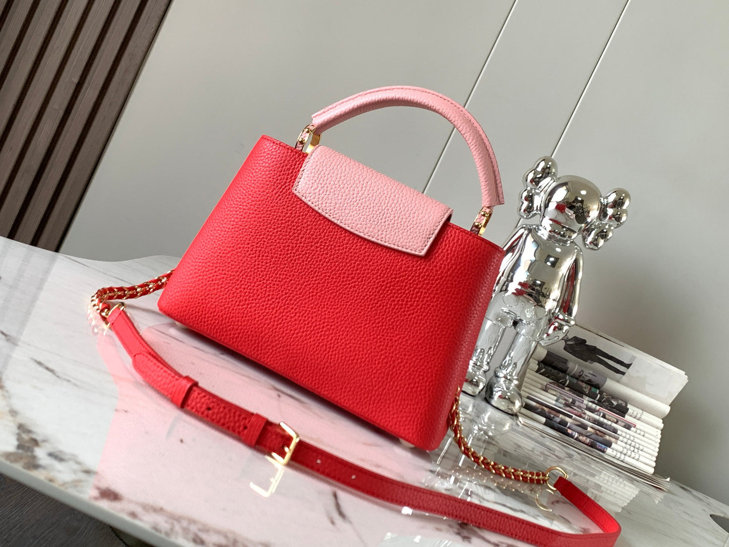 Louis Vuitton Capucines Small  Bag In Red With Pink Handle