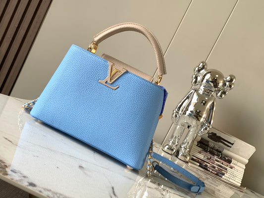 Louis Vuitton Capucines Small  Bag In Sky Blue With Beige Handle