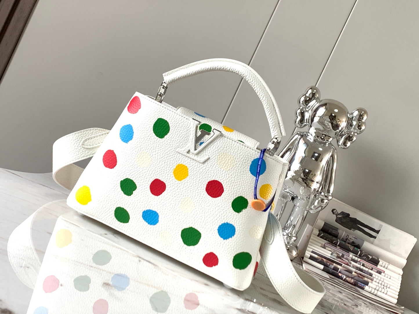 Louis Vuitton Capucines Small  Bag In White With Colorful Polka Dots