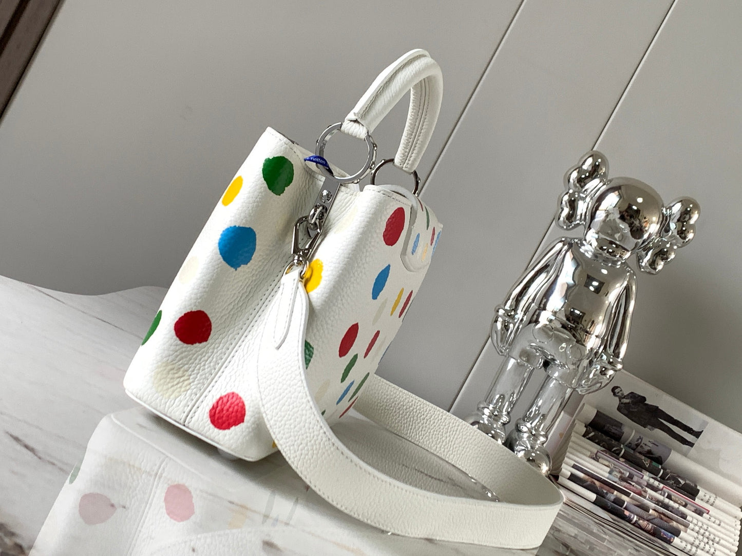 Louis Vuitton Capucines Small  Bag In White With Colorful Polka Dots