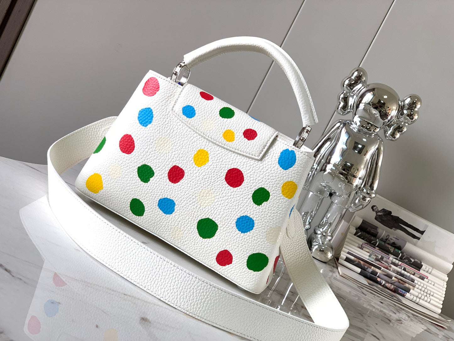 Louis Vuitton Capucines Small  Bag In White With Colorful Polka Dots