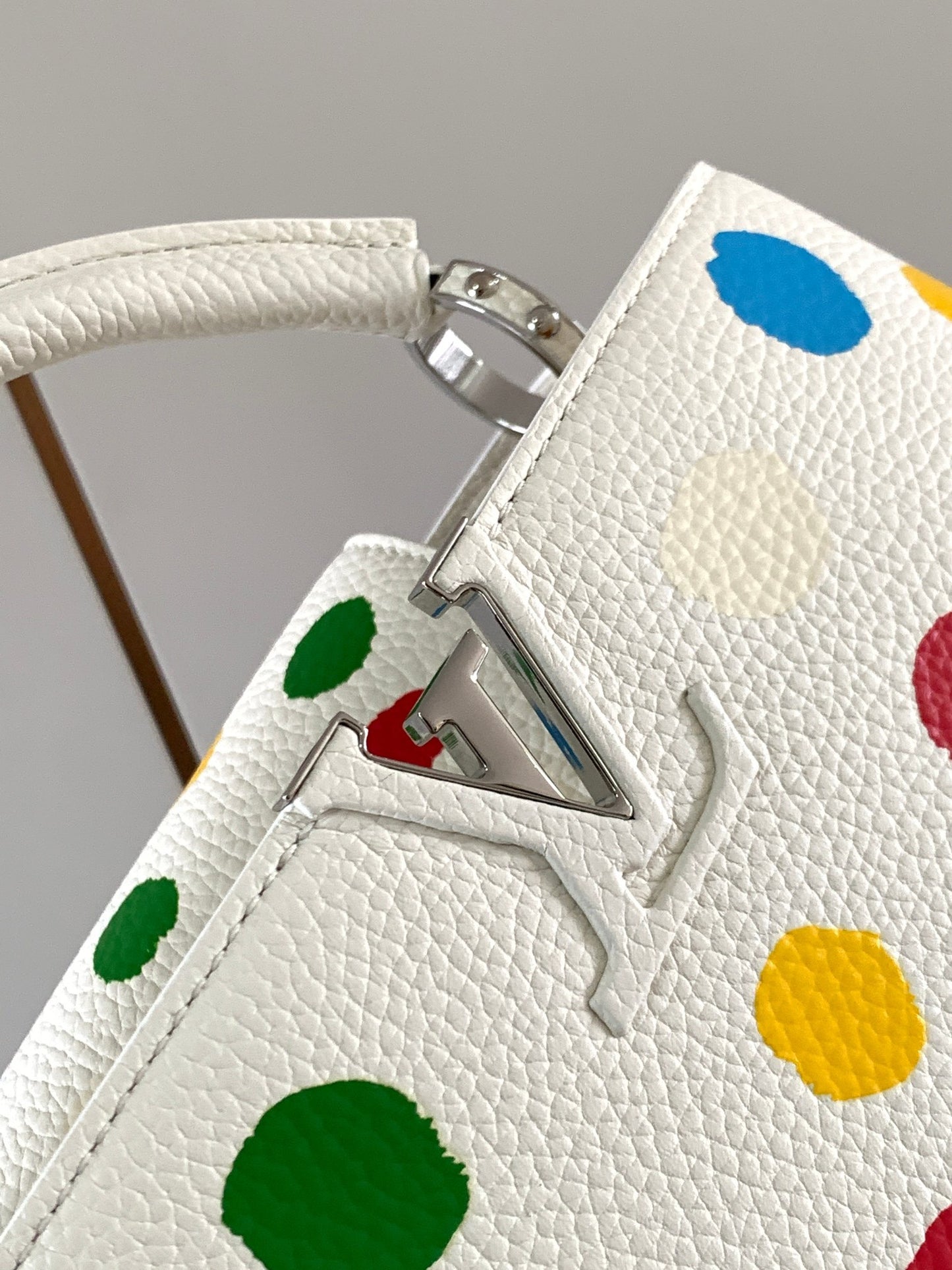 Louis Vuitton Capucines Small  Bag In White With Colorful Polka Dots