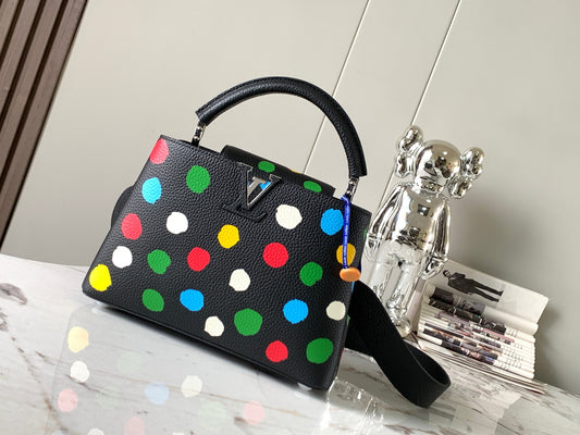 Louis Vuitton Capucines Small  Bag In Black With  Colorful Polka Dots