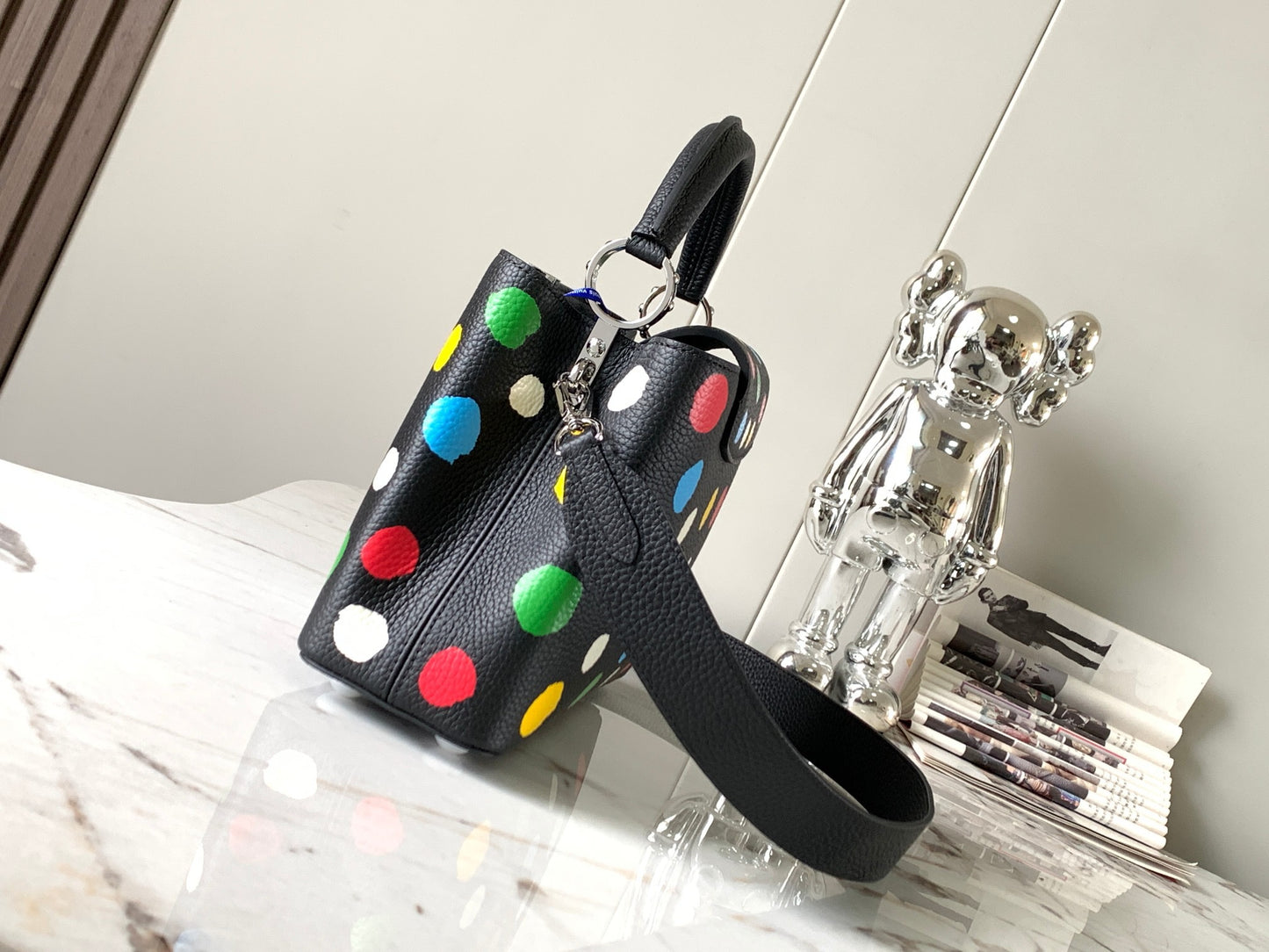 Louis Vuitton Capucines Small  Bag In Black With  Colorful Polka Dots