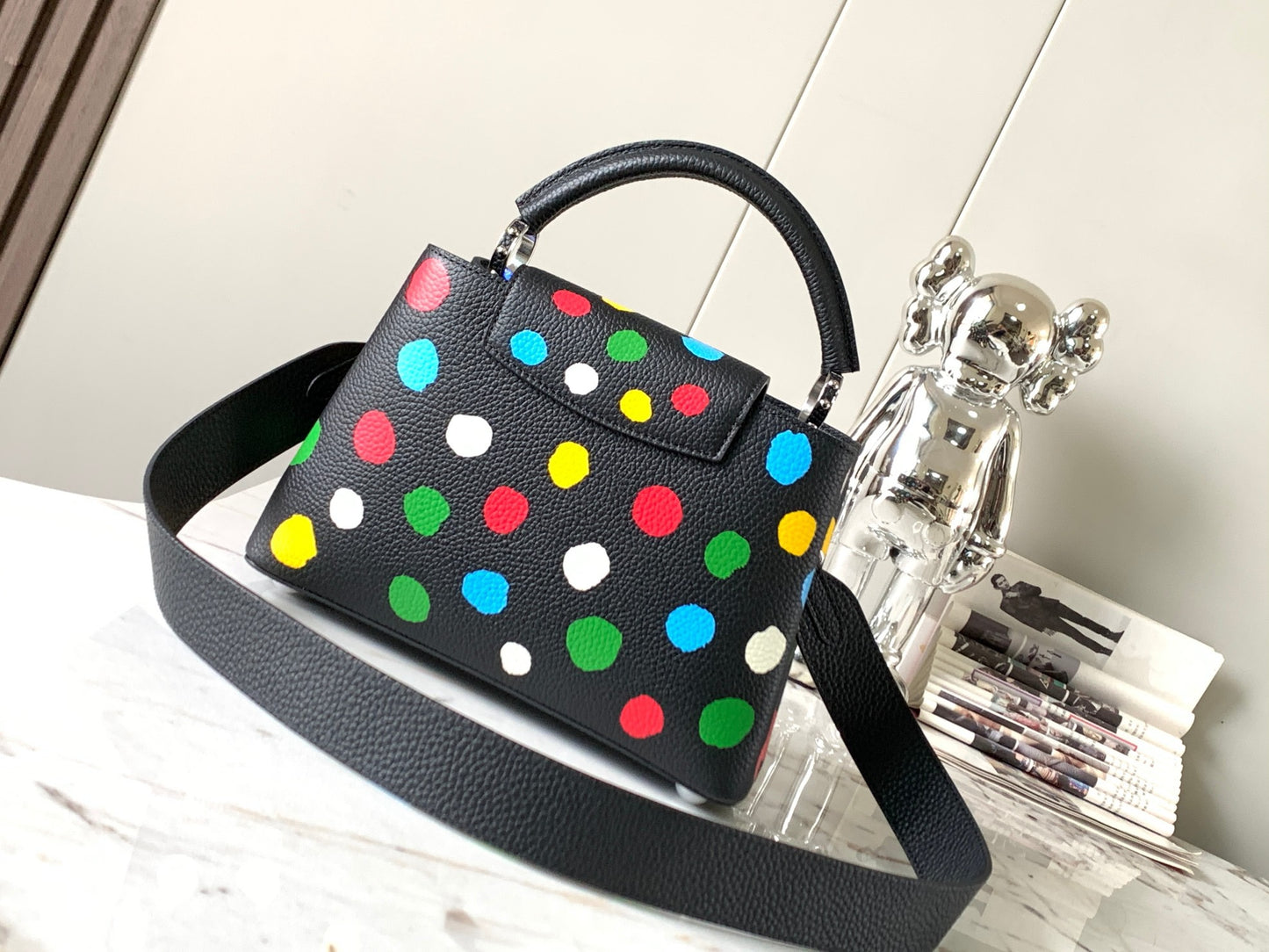 Louis Vuitton Capucines Small  Bag In Black With  Colorful Polka Dots