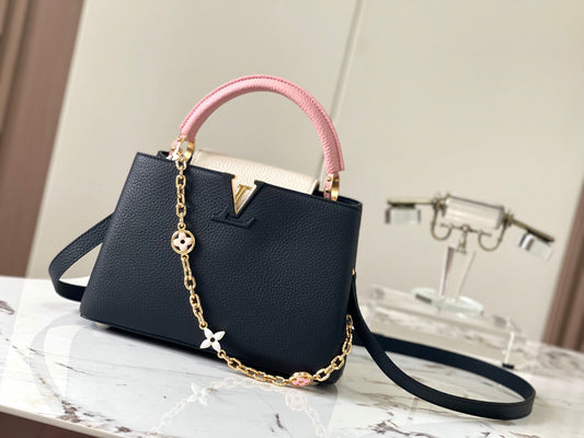 Louis Vuitton Capucines Small  Bag In Black With Pink Handle