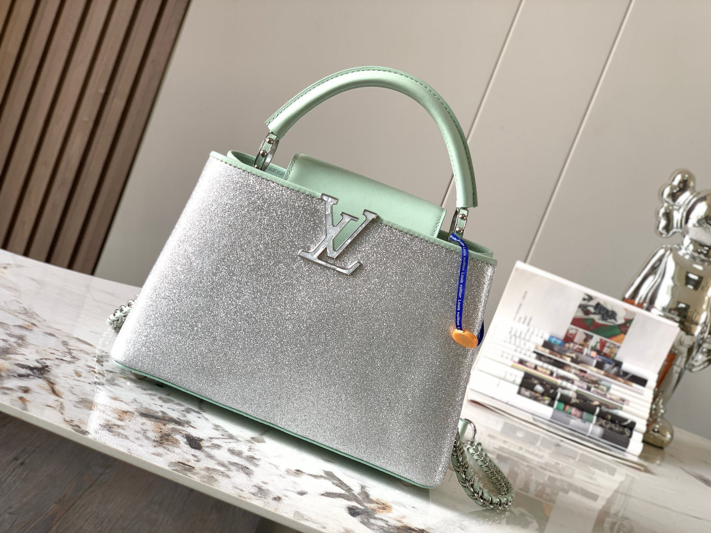 Louis Vuitton Capucines Small  Bag In Silver With Green Handle