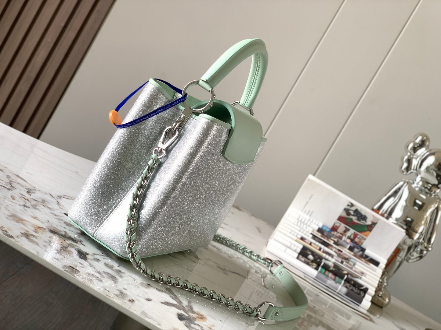 Louis Vuitton Capucines Small  Bag In Silver With Green Handle