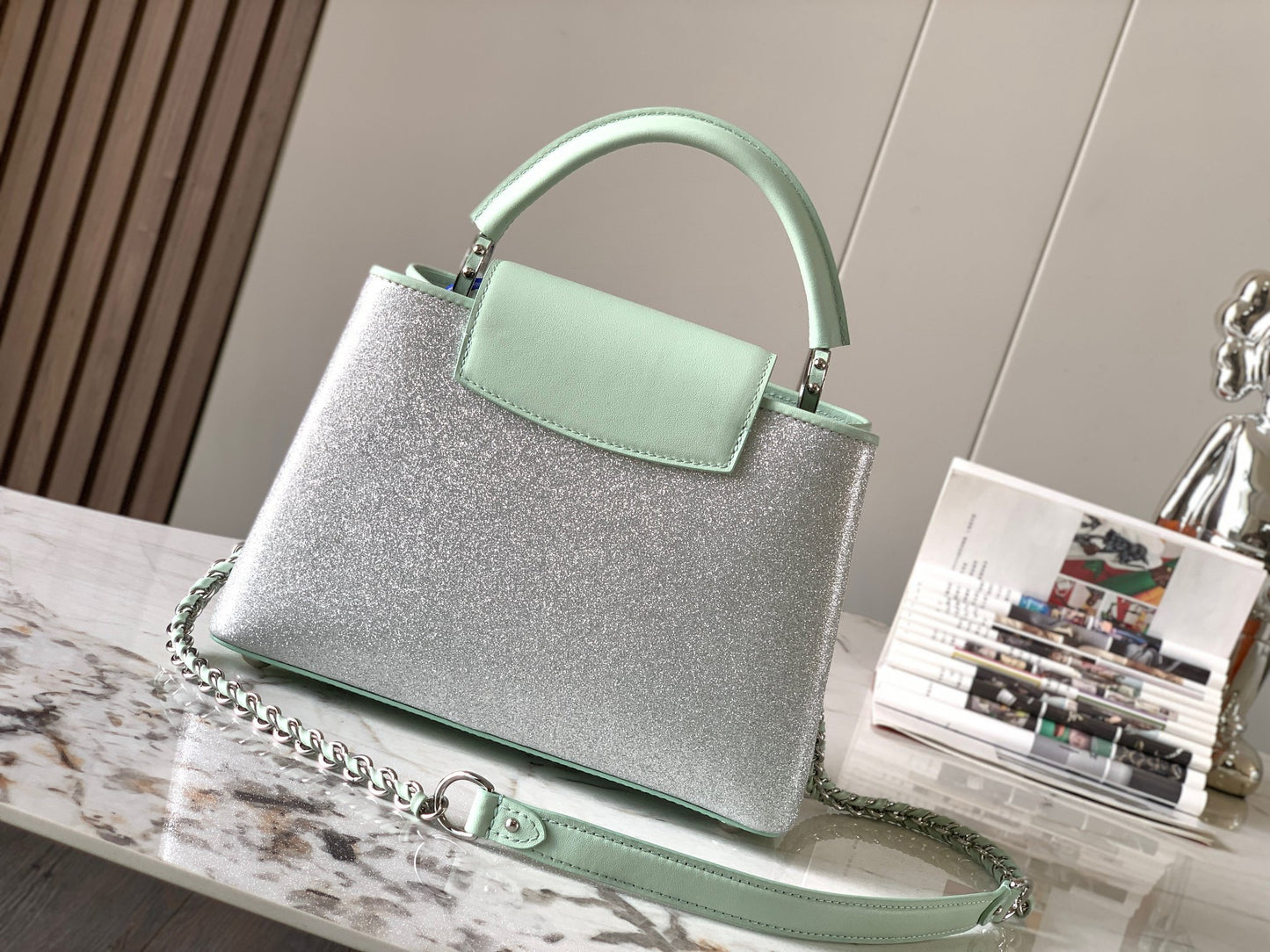 Louis Vuitton Capucines Small  Bag In Silver With Green Handle