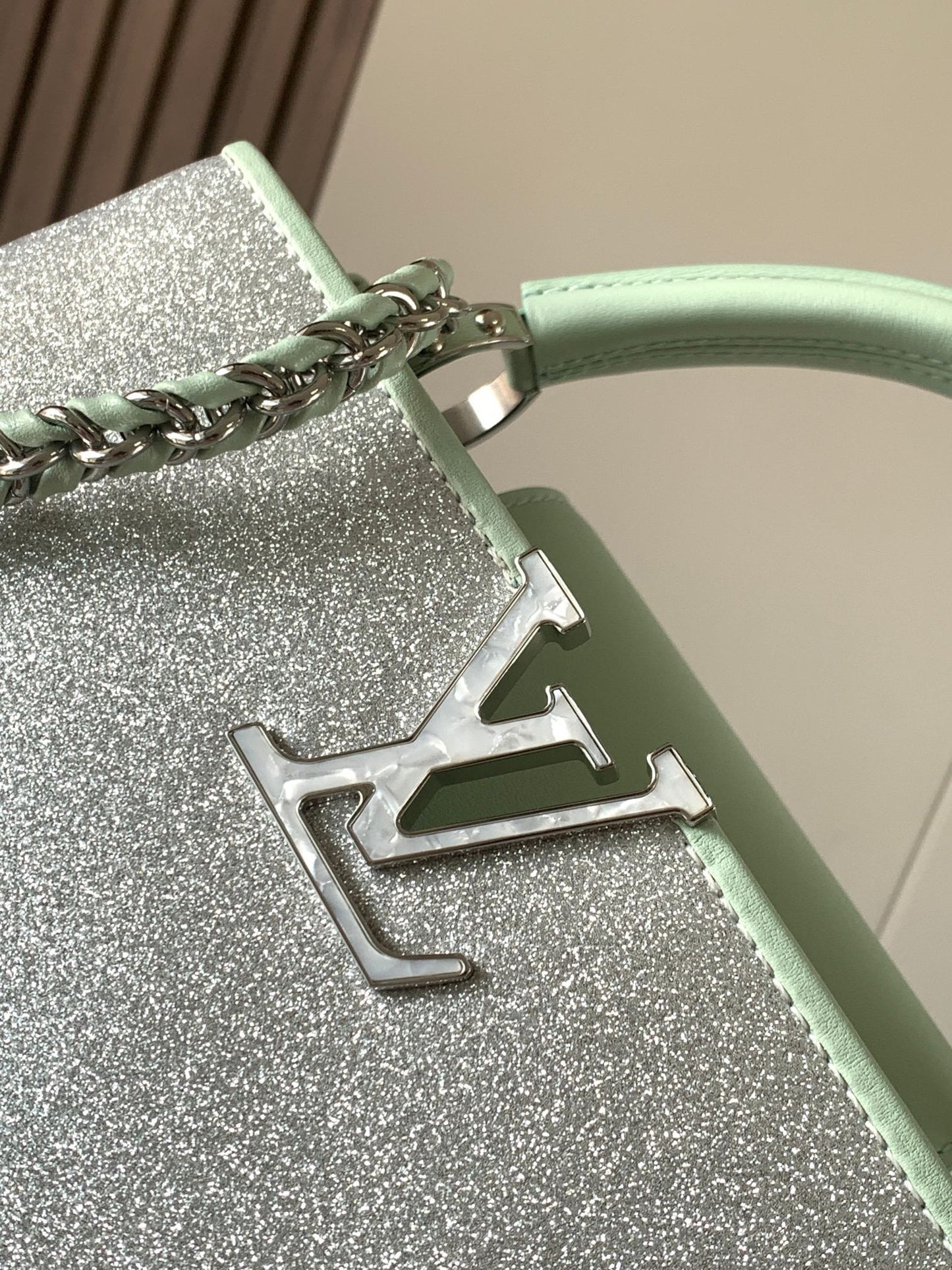 Louis Vuitton Capucines Small  Bag In Silver With Green Handle