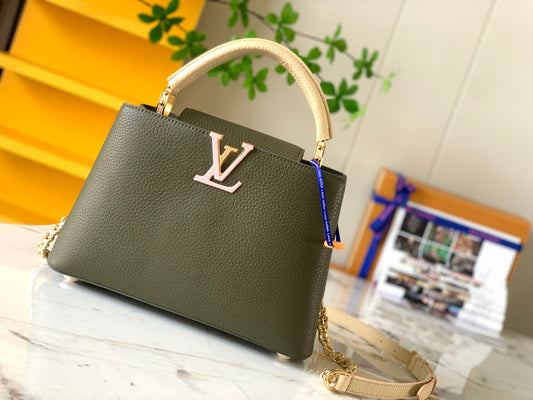 Louis Vuitton Capucines Small  Bag In Army Green With Beige Handle