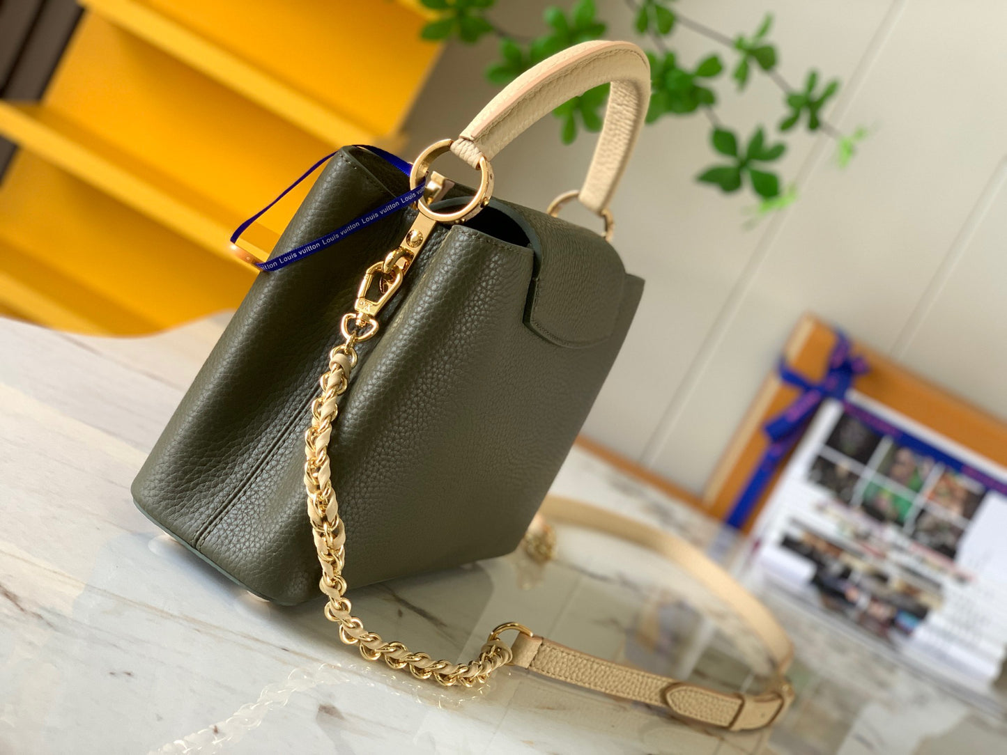 Louis Vuitton Capucines Small  Bag In Army Green With Beige Handle