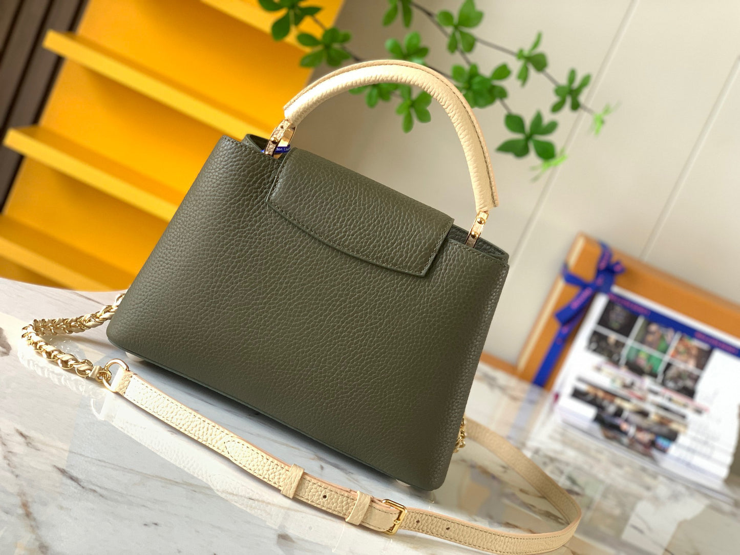 Louis Vuitton Capucines Small  Bag In Army Green With Beige Handle