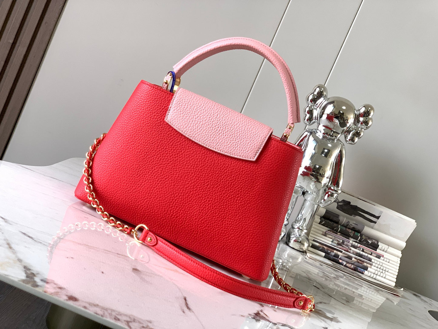 Louis Vuitton Capucines Medium Bag In Red With Pink Handle