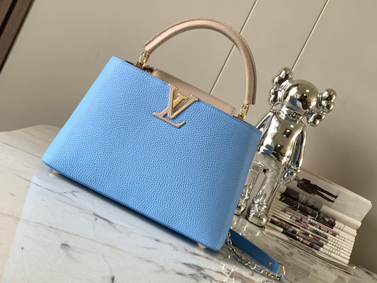 Louis Vuitton Capucines Medium Bag In Sky Blue With Beige Handle