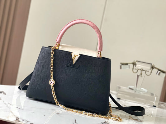 Louis Vuitton Capucines Medium Bag In Black With Pink Handle