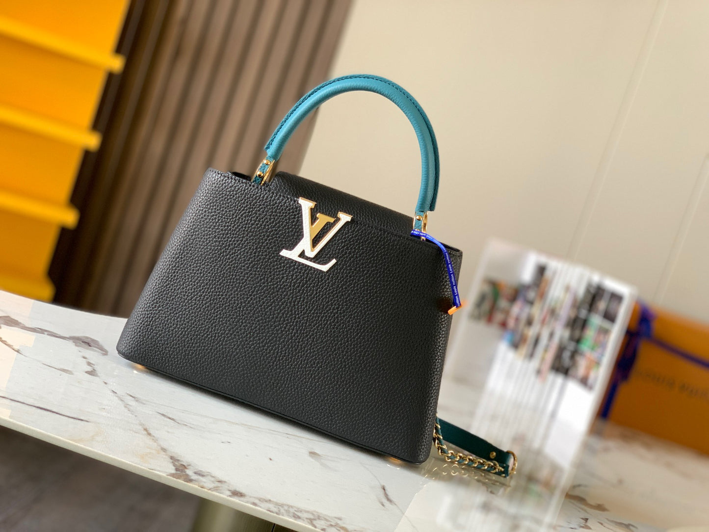 Louis Vuitton Capucines Medium Bag In Black With Blue