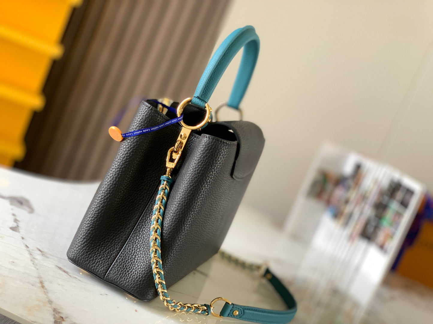 Louis Vuitton Capucines Medium Bag In Black With Blue