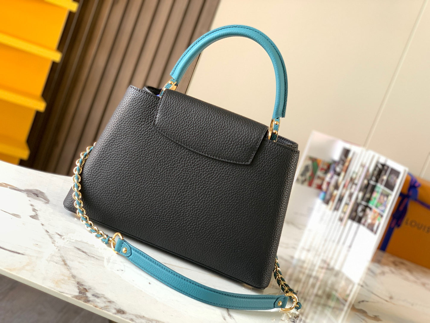 Louis Vuitton Capucines Medium Bag In Black With Blue