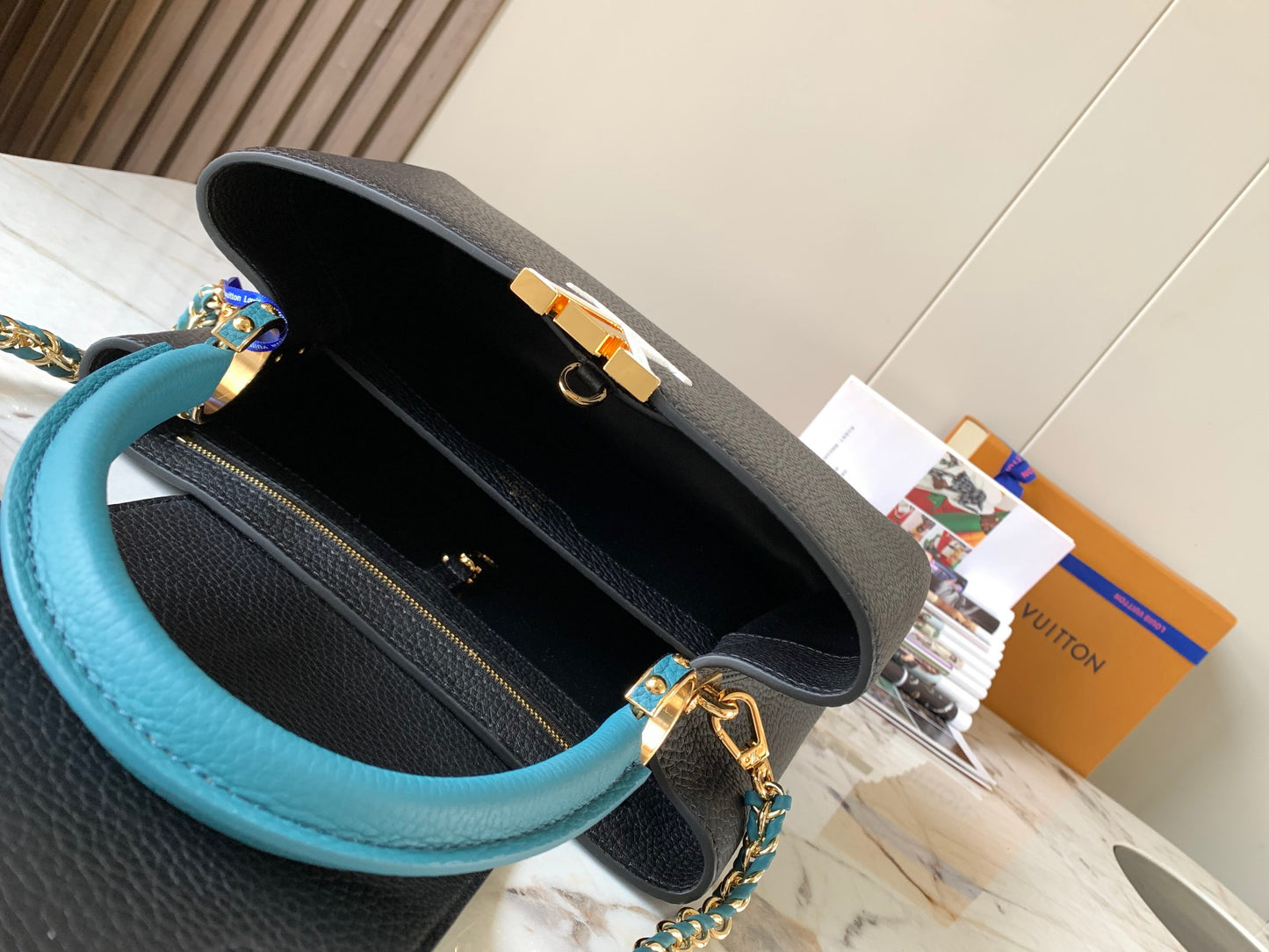 Louis Vuitton Capucines Medium Bag In Black With Blue