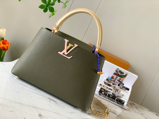 Louis Vuitton Capucines Medium Bag In Army Green With Beige Handle