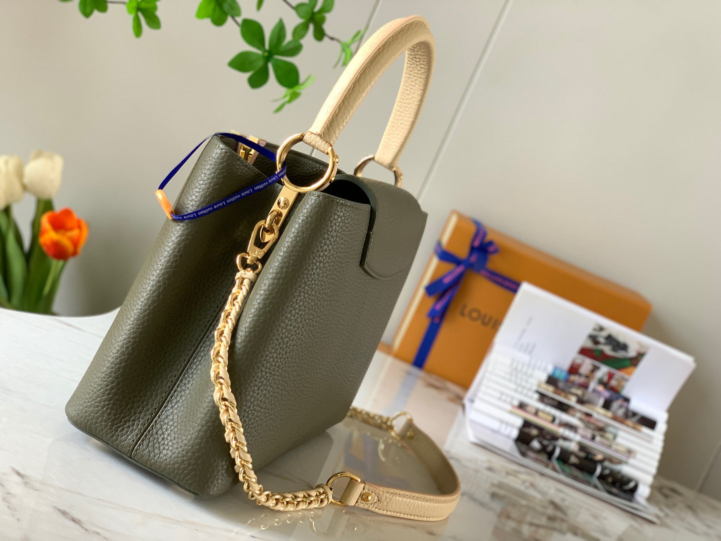 Louis Vuitton Capucines Medium Bag In Army Green With Beige Handle