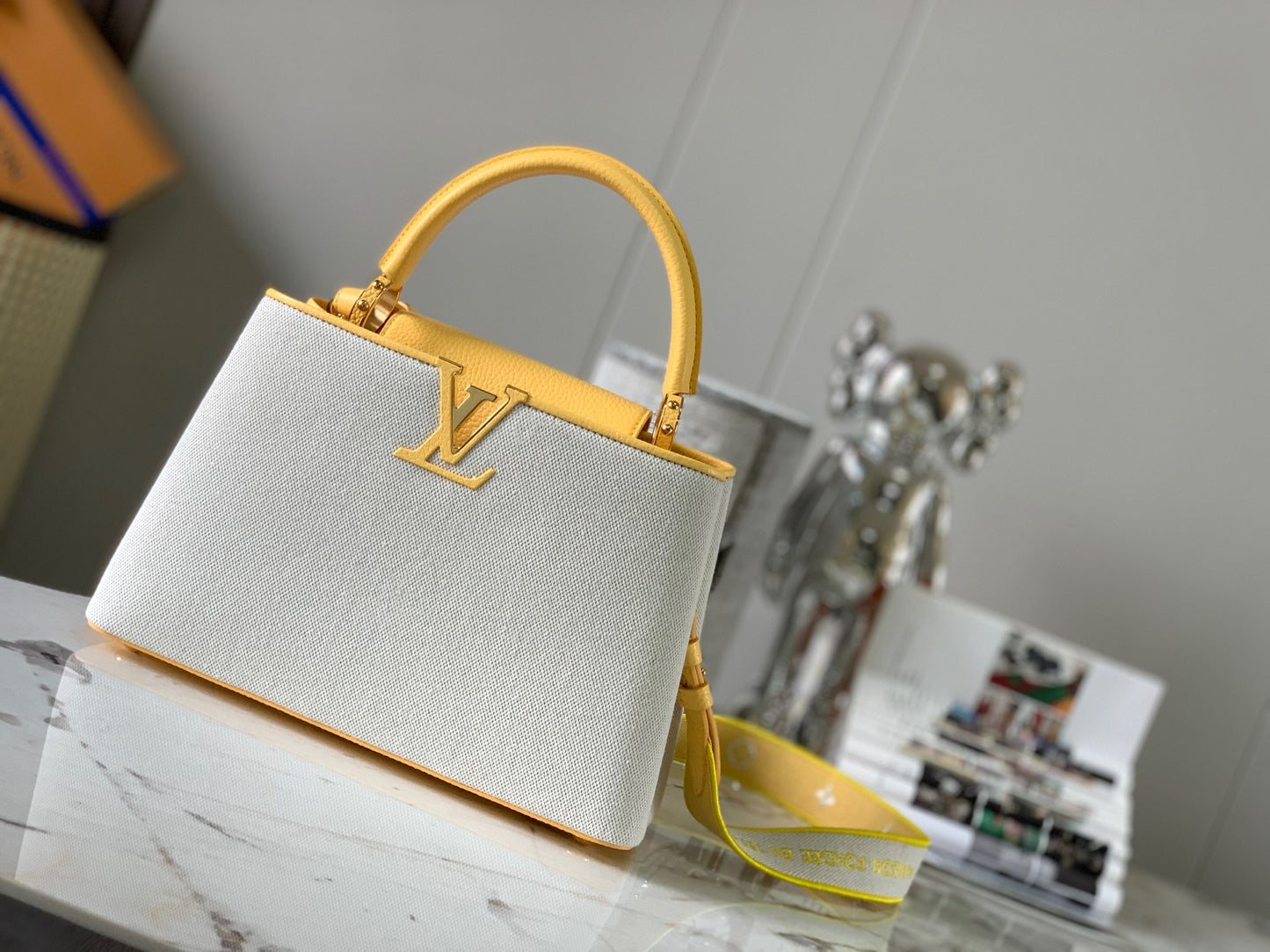 Louis Vuitton Capucines Medium Bag In White With Yellow Handle