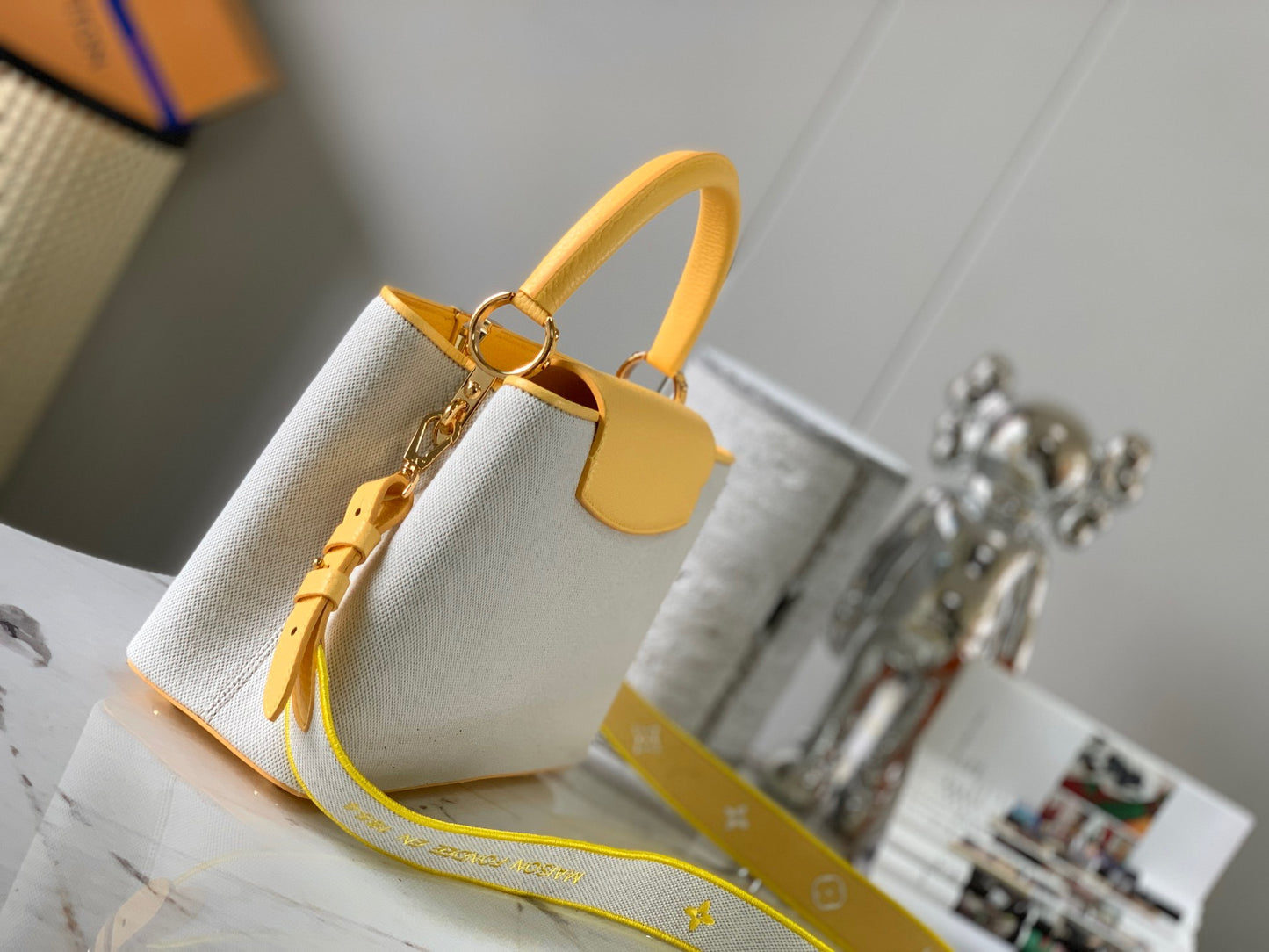 Louis Vuitton Capucines Medium Bag In White With Yellow Handle