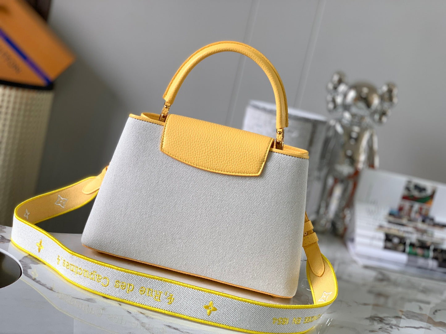 Louis Vuitton Capucines Medium Bag In White With Yellow Handle