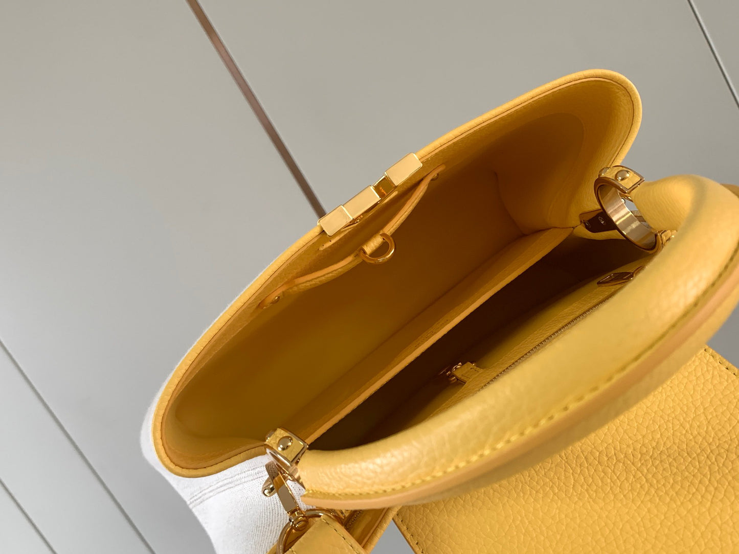 Louis Vuitton Capucines Medium Bag In White With Yellow Handle