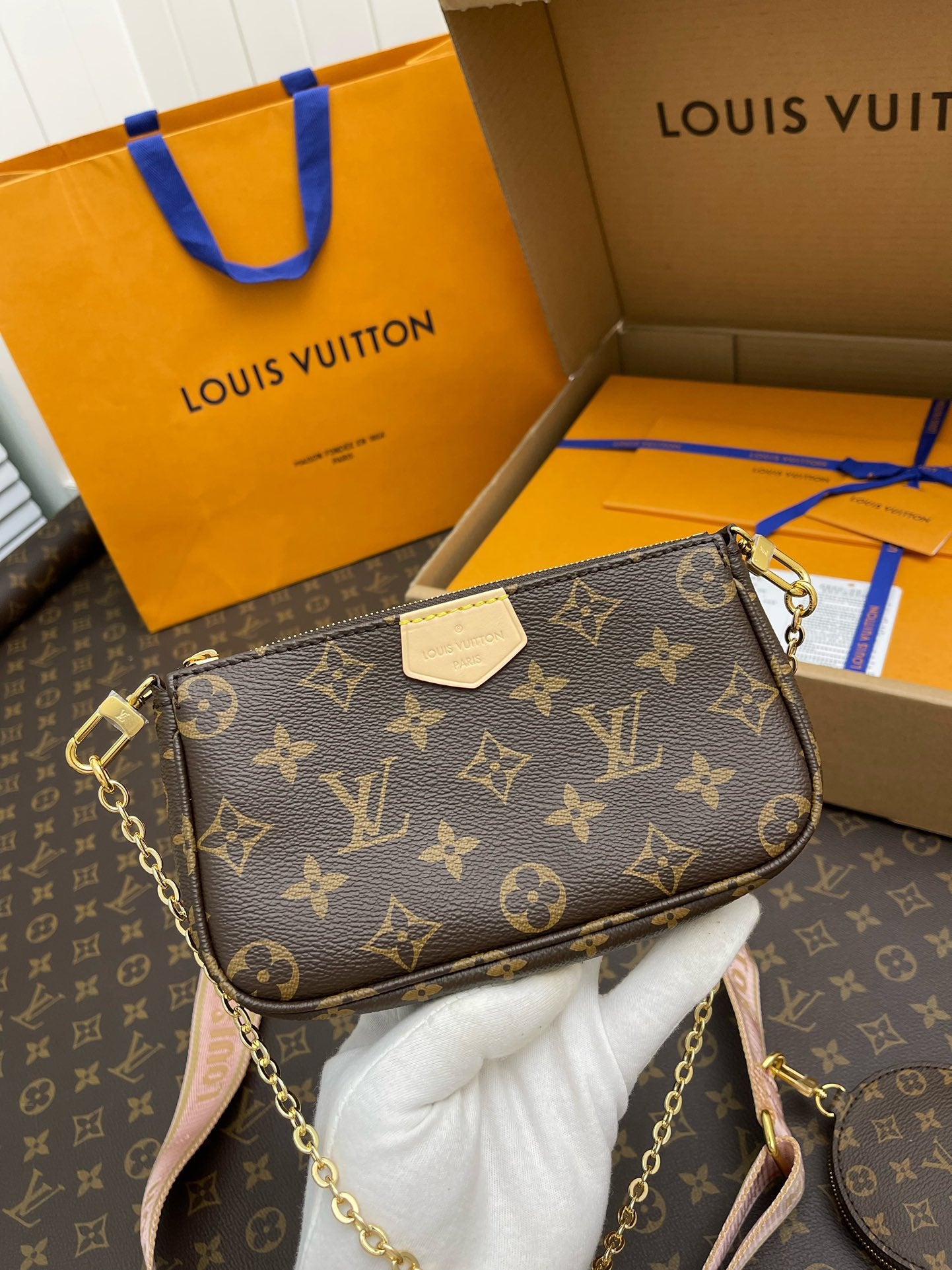 Louis Vuitton Micro Pochette Accessories In Presbyopia Pattern With Green Shoulder Strap