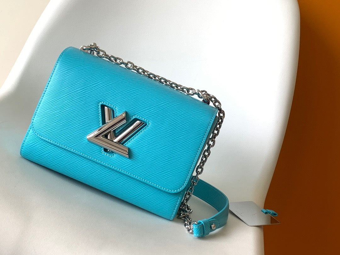 Louis Vuitton Twist Pouch In Sky Blue Epi Leather With Silver Chain