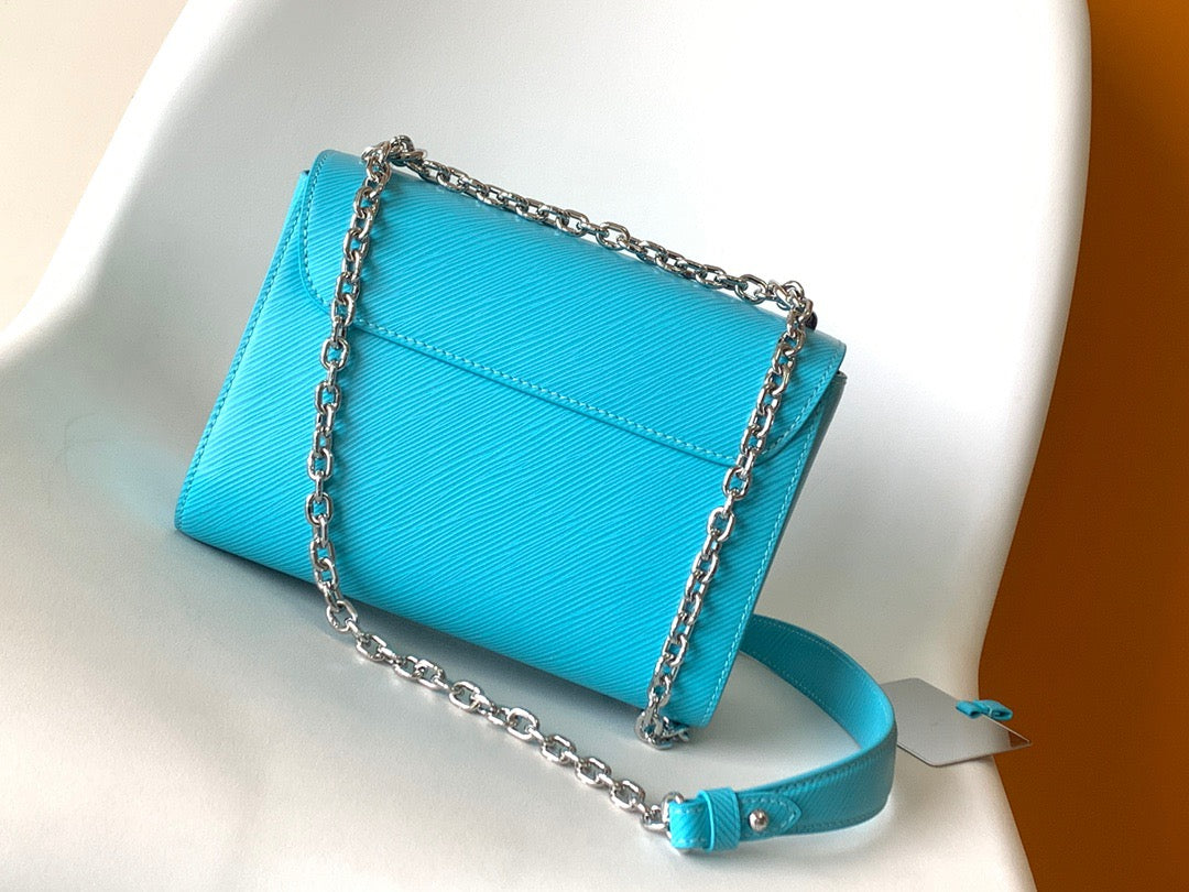 Louis Vuitton Twist Pouch In Sky Blue Epi Leather With Silver Chain