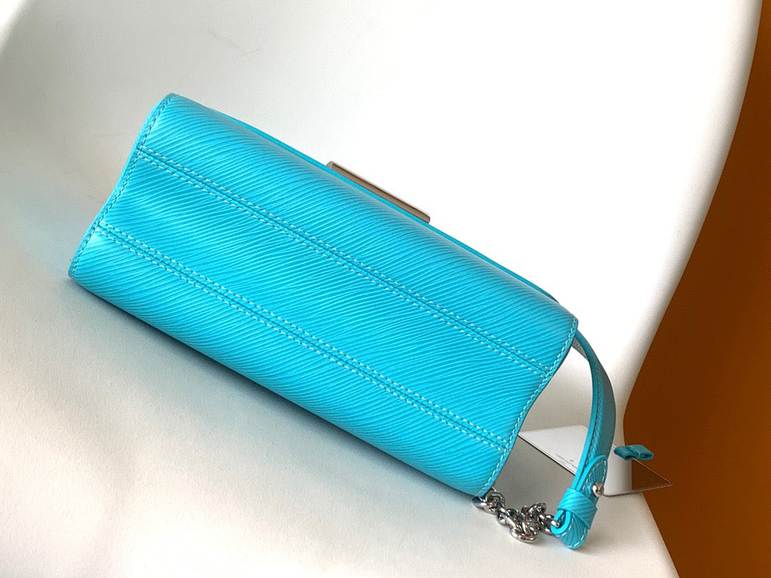 Louis Vuitton Twist Pouch In Sky Blue Epi Leather With Silver Chain