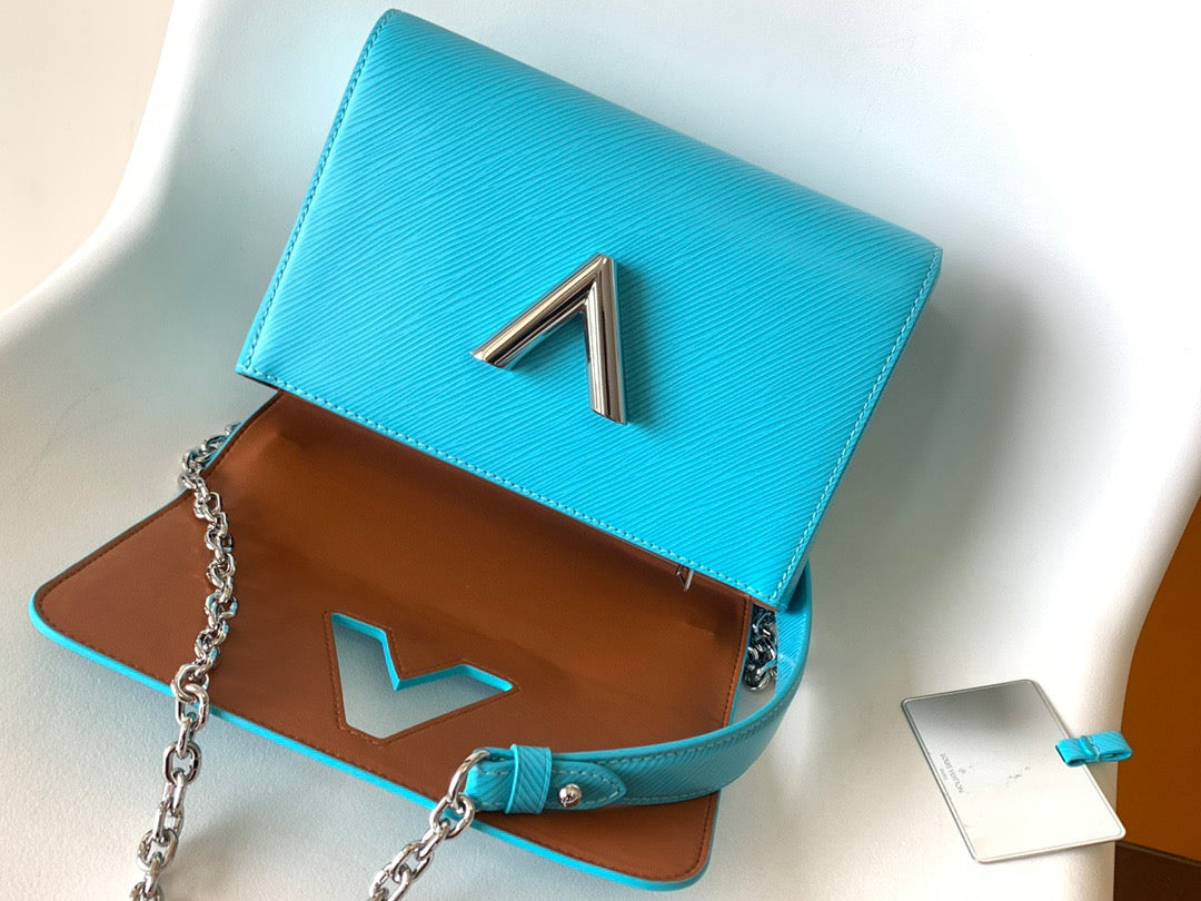 Louis Vuitton Twist Pouch In Sky Blue Epi Leather With Silver Chain