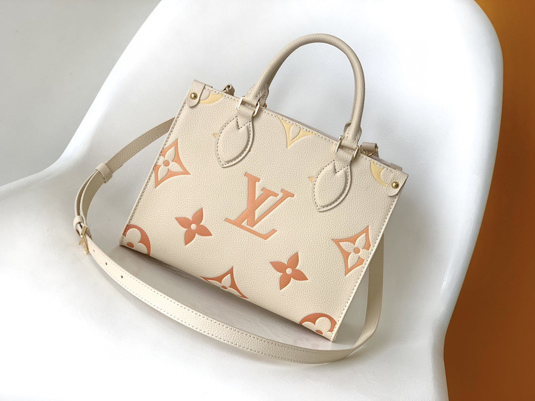 Louis Vuitton Onthego In Beige With Embossed Canvas Bag