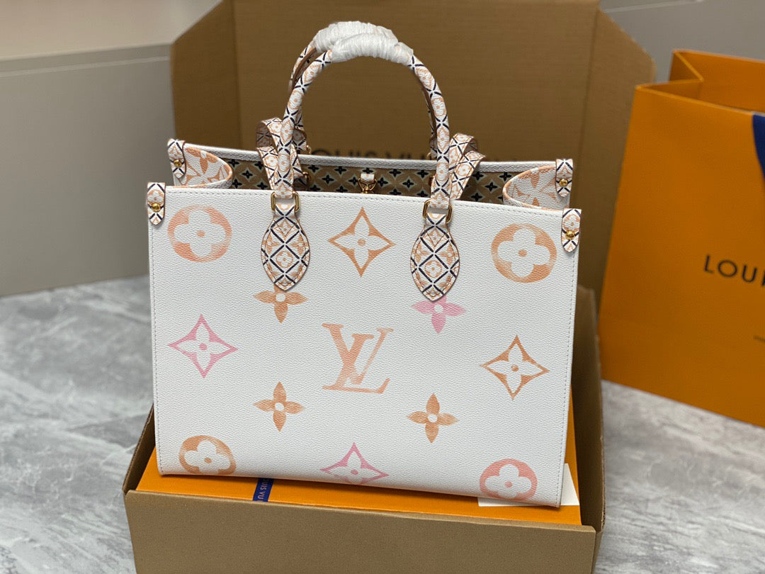 Louis Vuitton Onthego Handbags In White With Orange Embossed