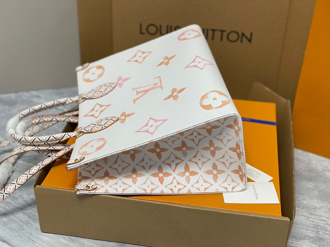 Louis Vuitton Onthego Handbags In White With Orange Embossed