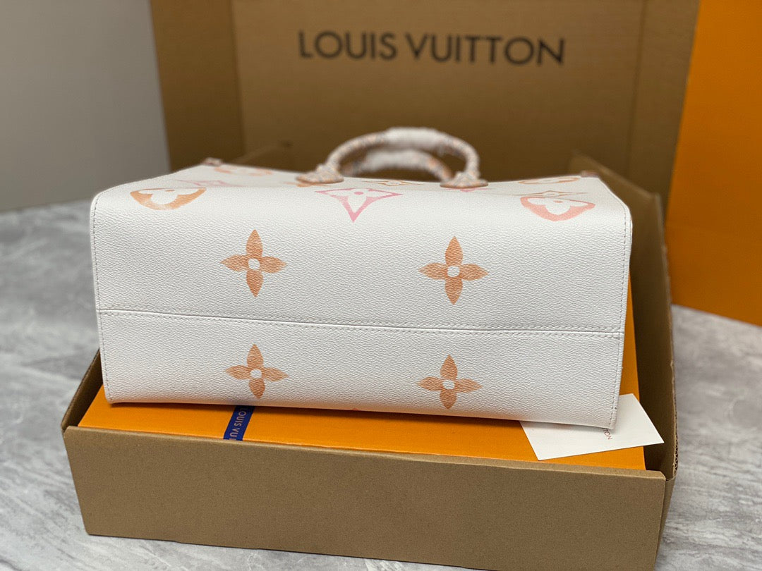 Louis Vuitton Onthego Handbags In White With Orange Embossed