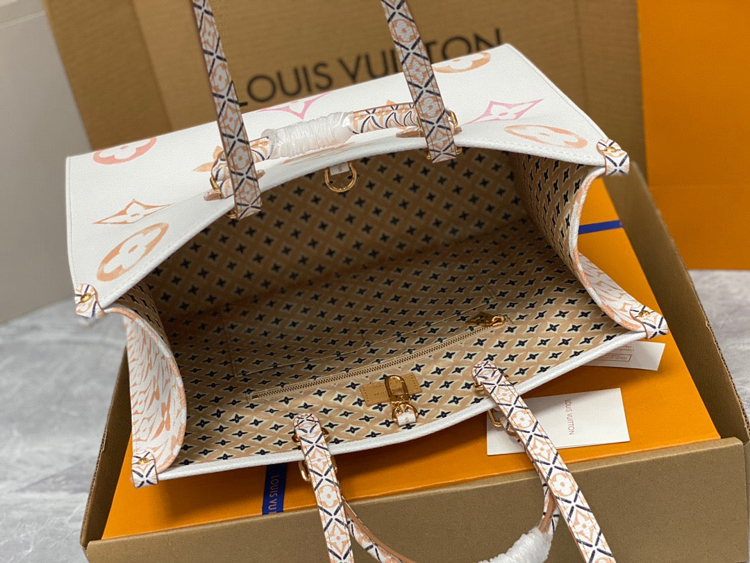 Louis Vuitton Onthego Handbags In White With Orange Embossed