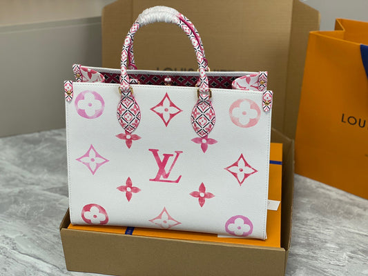 Louis Vuitton Onthego Handbags In White With Pink Embossed