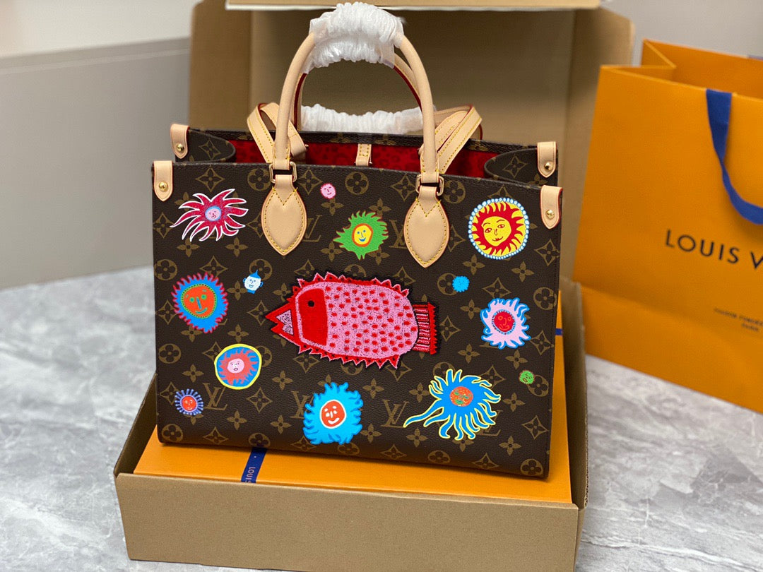 Louis Vuitton Onthego Handbags With Presbyopia Kusama Yayoi Face Series