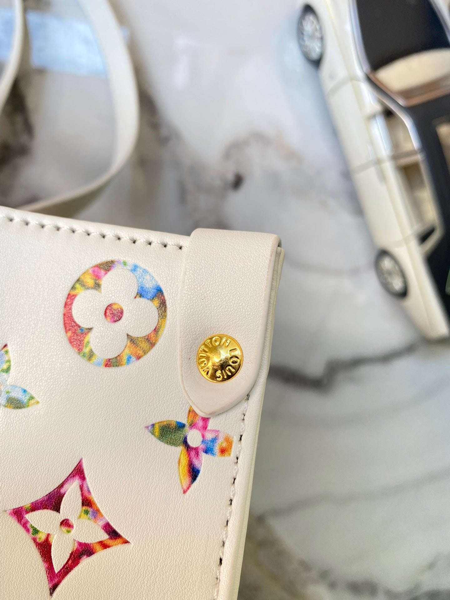 Louis Vuitton Onthego In White With Colorful Printed Tote Bag