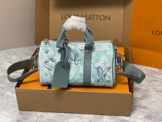 Louis Vuitton Keepall Bandouliere 25 Monogram Embossed Aqua Blue